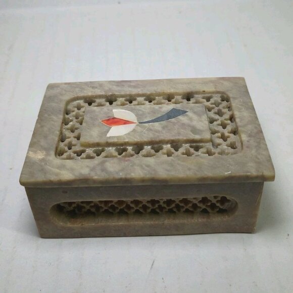 Unbranded Other - Vintage Handmade Soapstone Trinket Box Mother Of Pearl Floral Inlay Made India